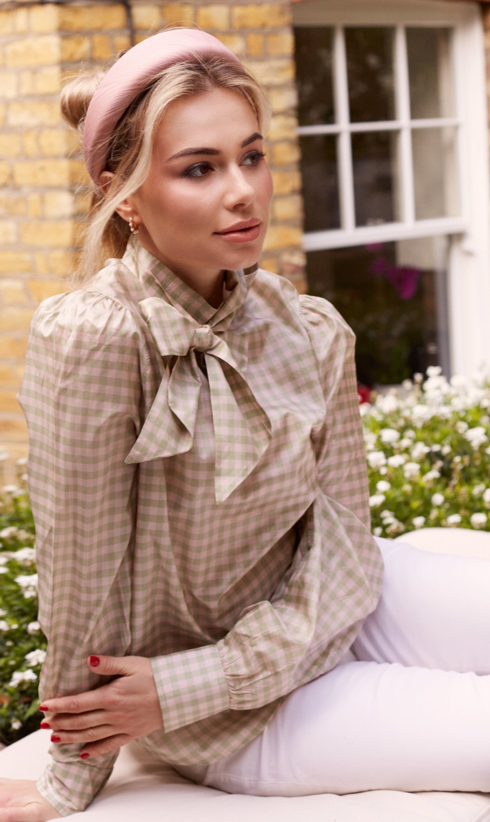 Chemisier (blouse) H&M à Motif Vichy Rose - Taille 46, Coton, Manches Courtes, Col V, Occasion Très Bon état